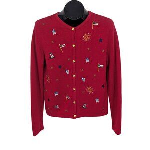 Embroidered Patriotic Cardigan Sweater Button Up Americana Cottage Cozy Size S